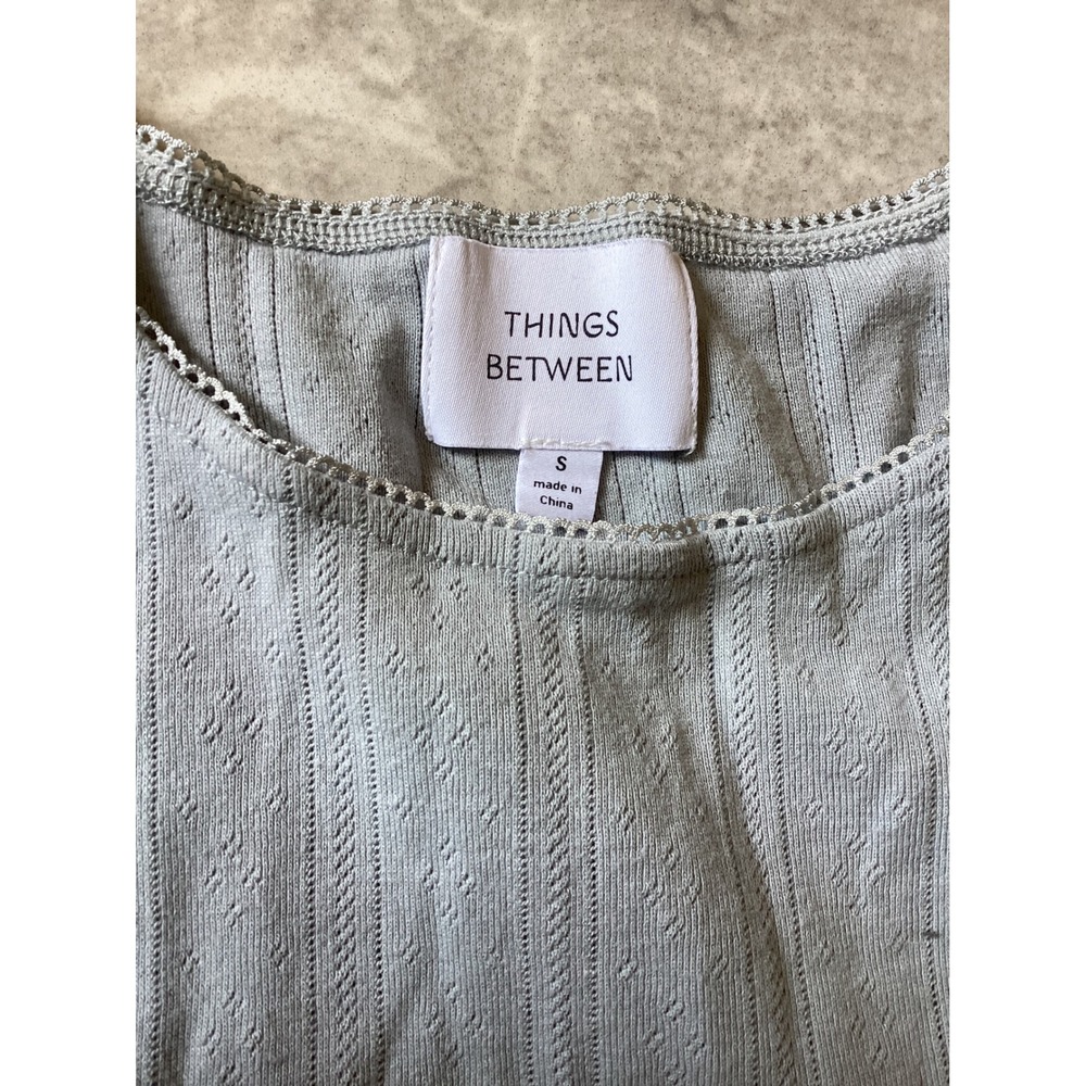 Things Between Light Blue Cotton Pointelle Knit Lace Trim Short Sleeve Top S - Picture 2 of 7
